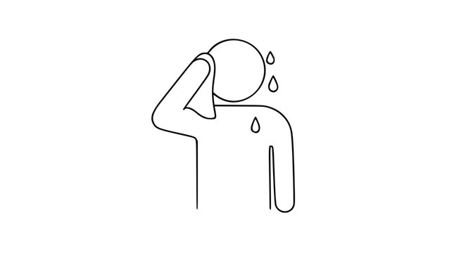 A clean vector icon illustration of a sweating figure wiping their forehead with a hand, depicting nervousness, heat, or exertion in a minimalist line art style suitable for graphic design.