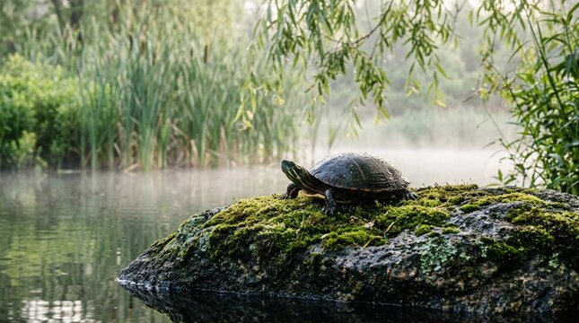 Serene freshwater turtle with glossy dark shell resting on moss-covered rock at misty pond edge, surrounded by lush green reeds and weeping willow branches in tranquil wetland habitat at sunrise