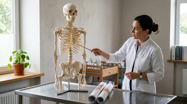 Female Medical Doctor Teaching Human Anatomy with Skeleton Model in Modern Clinic Office, Healthcare Education Concept, Professional Physician Explaining Skeletal Structure on Stainless Steel Table