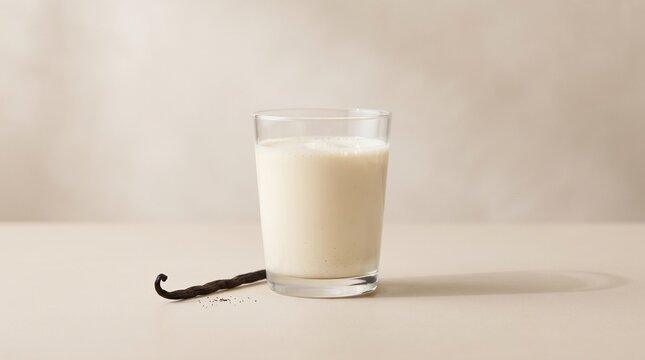 Minimal Creamy Vanilla Drink with Vanilla Bean on Beige Background