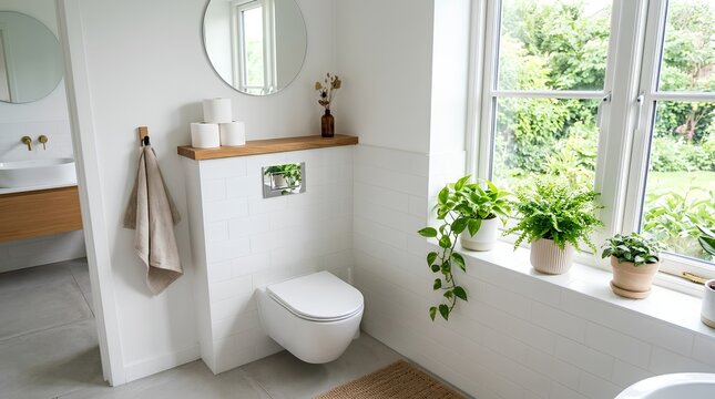 Bright Modern Bathroom Interior with White Wall-Mounted Toilet, Wooden Shelf, Round Mirror, Hanging Towel, Green Plants on Windowsill and Natural Garden View - Clean Minimalist Home Design