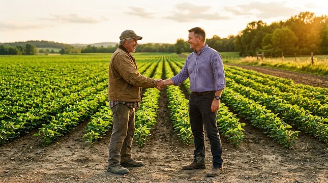 Two business partners shaking hands in green soybean field at golden sunset, elderly farmer in worn canvas jacket and young representative in checkered shirt sealing agricultural deal in rural