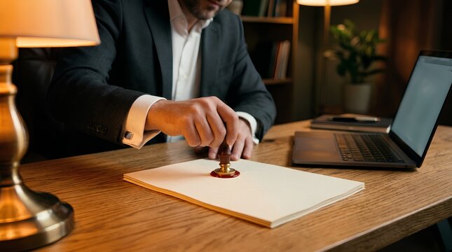Professional businessman in dark suit pressing brass seal stamp with red wax onto official legal document on oak desk, laptop and lamp in background, contract signing approval concept