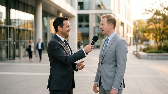 Professional Business Interview Outdoors: Male Reporter in Dark Suit Holding Microphone Interviewing Corporate Executive in Light Grey Suit Outside Modern Glass Office Building at Golden Hour Sunset
