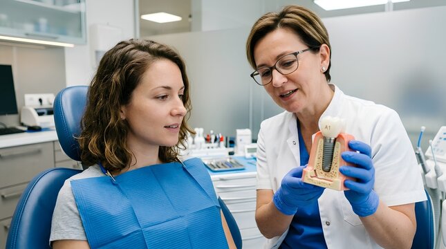 Professional dentist in white coat holding anatomical dental implant model explaining treatment to patient in dental chair, modern clinic, healthcare education, oral health consultation