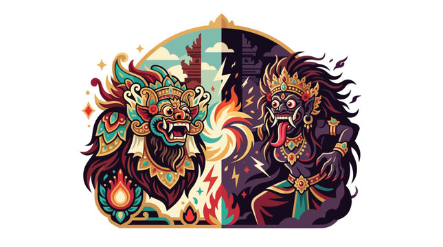 Dual Barong and Rangda Balinese mythology split design