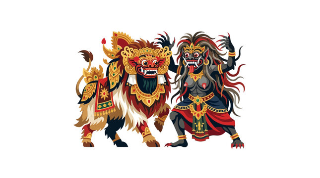 Dynamic battle between Barong and Rangda on white background.