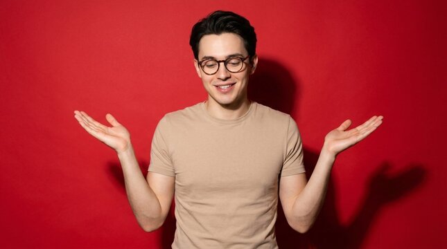 Young man in beige crewneck t-shirt and round tortoiseshell glasses shrugging with raised hands against vibrant red background, expressing confusion uncertainty indifference in studio portrait