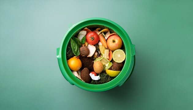 green compost bin and kitchen leftovers recycling scarps sustainable and zero waste lifestyle concept fruits and vegetable garbage waste turning into organic fertilizerd soil top view flatlay