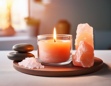 himalayan rock salt candle holder and gemstones balance and calm energy flow at home purifying the air decrease stress level concept