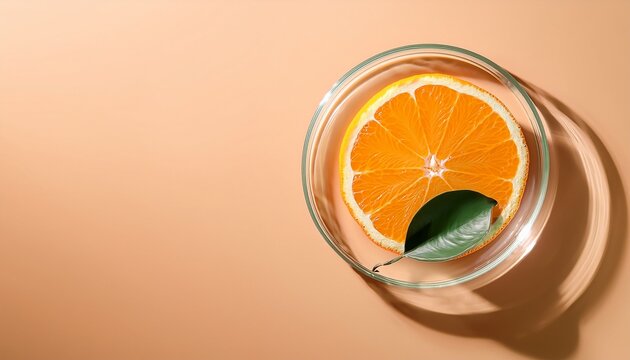 laboratory glassware petri dish with a slice of orange plump pulp on a pastel background natural medicine cosmetic research bio science organic skincare top view flat lay banner copy space