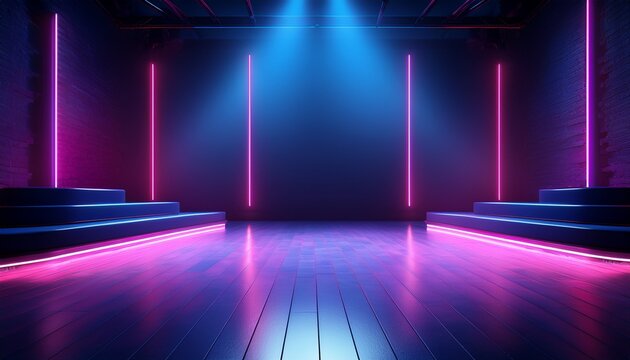 neon dark stage shows empty room neon light spotlights dark blue purple pink background dance floor for product display in studio backdrop for photo shooting generative ai
