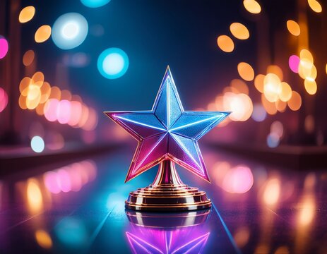 neon glowing star trophy on reflective surface with colorful bokeh background in modern style