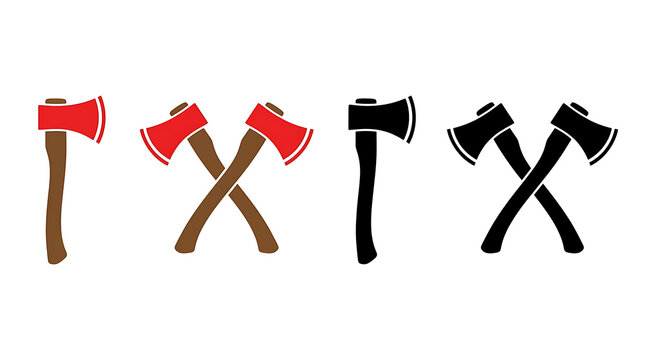 Vector set of single and crossed woodcutting axes in red, brown and black colors for forestry and lumberjack themes