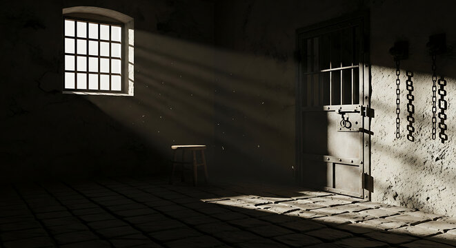 Sunlight streams through the barred window of an old, empty prison cell, illuminating dust motes and casting long shadows.