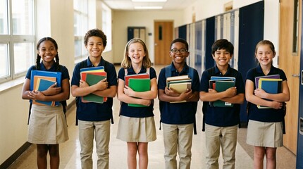 Fototapeta premium Group of happy diverse elementary school children in matching navy blue polo shirts and khaki uniforms standing in hallway holding colorful books, smiling, education, back to school, youth
