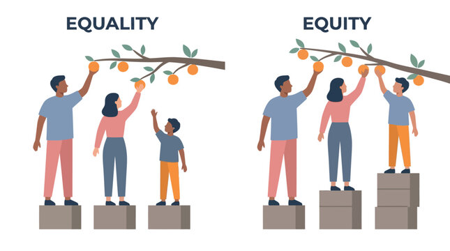 Flat vector illustration showing the conceptual difference between equality and equity for diverse social groups