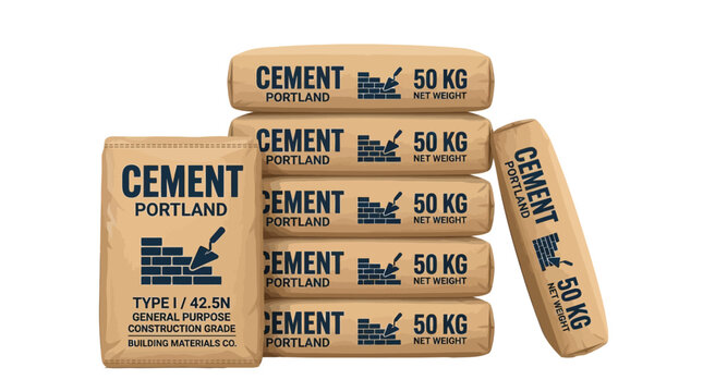 Detailed vector illustration featuring a stack of brown paper cement bags for industrial building projects