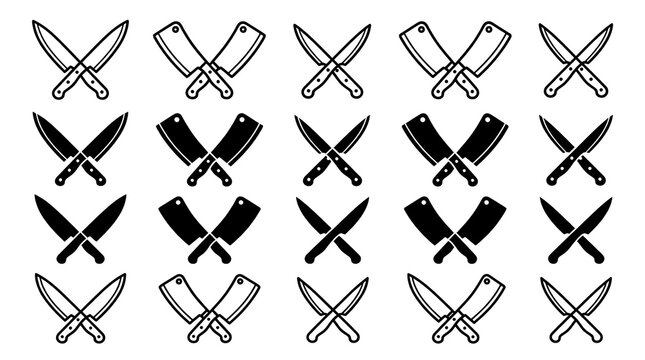 Professional Set of Crossed Kitchen Knives and Cleaver Vector Icons for Cooking, Culinary Art, and Restaurant Logo Design