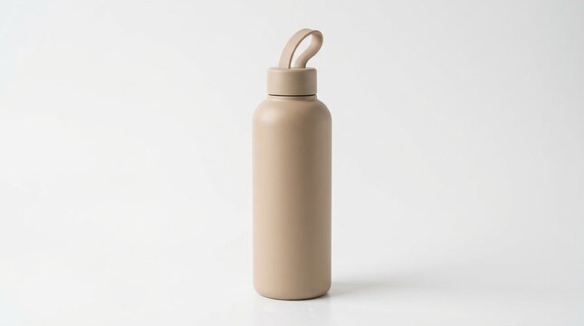 Minimalist Matte Beige Reusable Water Bottle with Soft Loop Cap Standing Upright on Clean White Surface, Eco-Friendly Sustainable Hydration Container Product Photography for Lifestyle Marketing