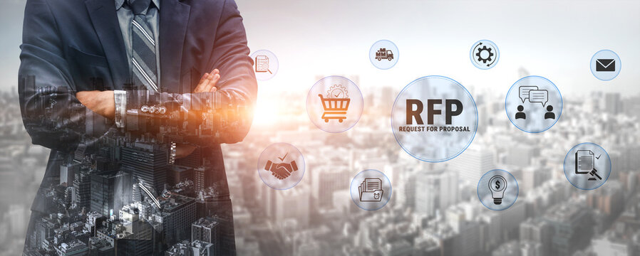 Businessman Standing Confidently Over Cityscape with RFP Request for Proposal Icons and Symbols Representing Procurement and Service Interaction. Glyphic.