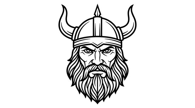 Fierce Viking Warrior Head Illustration with Horned Helmet and Thick Beard in Black and White Line Art Vector Style Design