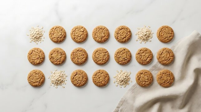 A perfectly organized flat lay composition featuring delicious oatmeal cookies and scattered raw oats to celebrate the delicious national oatmeal cookie day