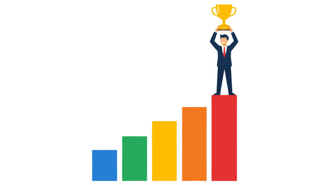Businessman triumphantly holding golden trophy on ascending bar chart celebrating business success financial growth market achievement competitive advantage and corporate victory in modern marketplace