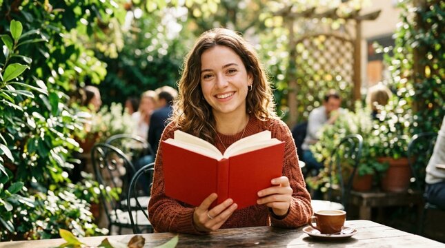 Young woman with warm genuine smile reading open red book at outdoor autumn garden cafe, holding novel with coffee cup on rustic wooden table surrounded by lush green foliage and soft bokeh