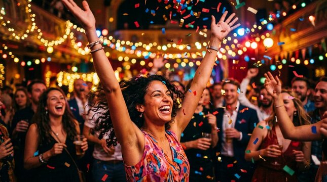 A joyful woman with curly hair celebrates with raised arms at a vibrant indoor party as colorful confetti falls around her amidst warm bokeh string lights and a happy crowd of friends.