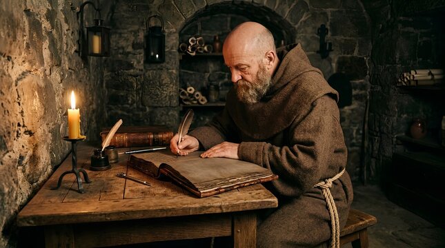 Medieval Monk Writing Ancient Manuscript by Candlelight in Stone Monastery Cell, Bald Friar with Gray Beard in Heavy Brown Robe Copying Sacred Text with Quill Pen on Leather Bound Parchment Book