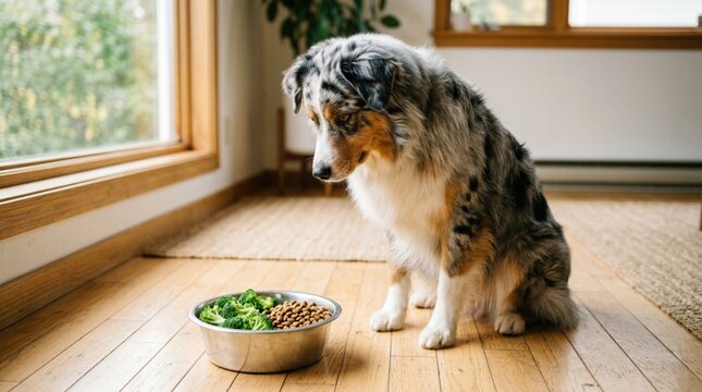 Melancholy Blue Merle Australian Shepherd Dog Sitting on Light Hardwood Floor Looking Down at Stainless Steel Bowl with Fresh Broccoli Florets and Dry Dog Food Kibble, Picky Eater Pet Portrait in