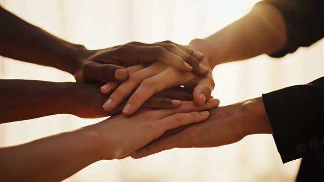 Diverse hands joining together in a circle.