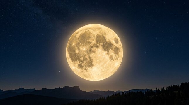 Giant Full Moon Over Mountain Silhouettes, Golden Lunar Surface with Craters and Soft Halo, Deep Blue Bright Starry Sky, Mystical Night Landscape, Celestial Wonder, Nature Background