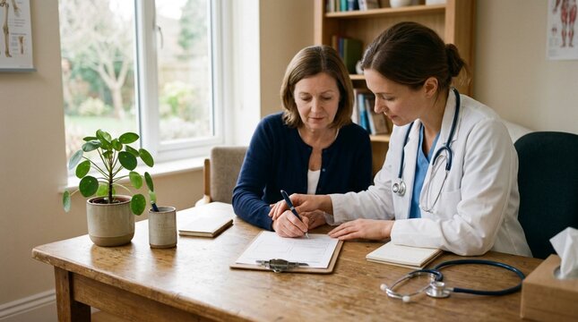 Compassionate female doctor in white coat with stethoscope consulting elderly patient at wooden desk, reviewing medical documents together in sunlit consultation room with green houseplant