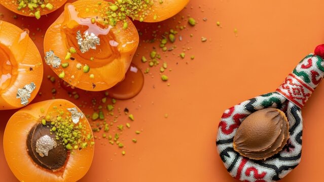 Macro detail of fresh apricots with honey gel, pistachio dust, and edible gold, featuring a dried apricot pit and traditional silk textile in the corner against a warm orange background with space