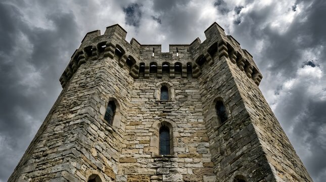 Imposing stone castle tower against a dramatic stormy sky
