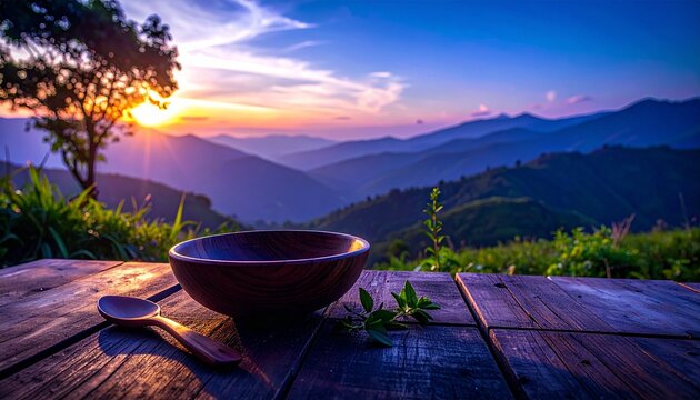 empty wooden bowl and spoon on table at sunset mountain view