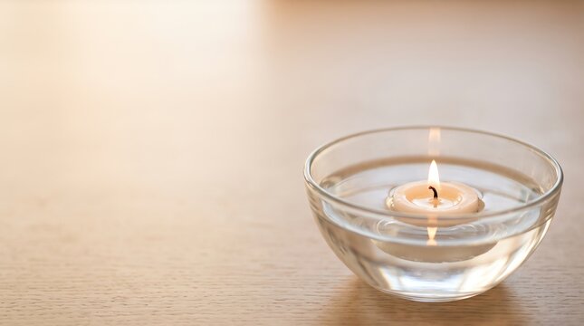 floating candle burning in clear glass bowl filled with water on wooden table