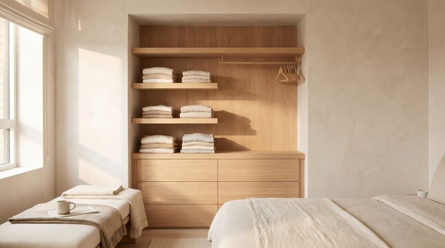 Calm sunshine organizes a bedroom around an open oak wardrobe with folded neutral linens, empty wooden hangers, low bench, layered bed textiles, ceramic cup, and softly plastered ivory walls