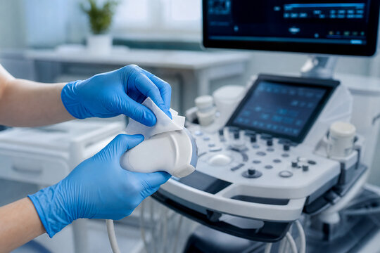 Hands in blue gloves disinfecting convex ultrasound transducer probe with wipe at machine. Hygiene and infection control in hospital examination room. Generative AI.