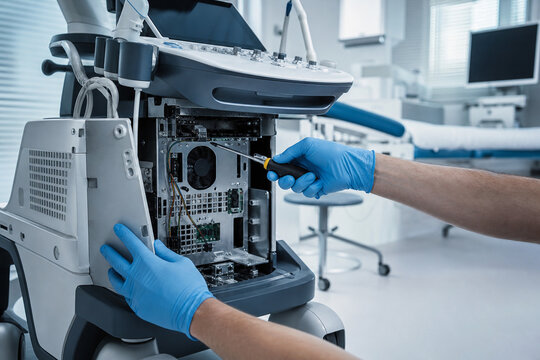 Engineer with screwdriver repairing open internal computer module of ultrasound machine. Electronics maintenance of medical equipment in clinic. Generative AI.