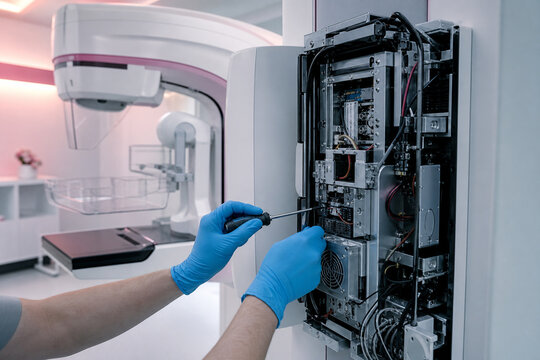 Engineer in blue gloves using screwdriver to repair open electronics panel of mammography machine. Medical imaging equipment service and maintenance. Generative AI.