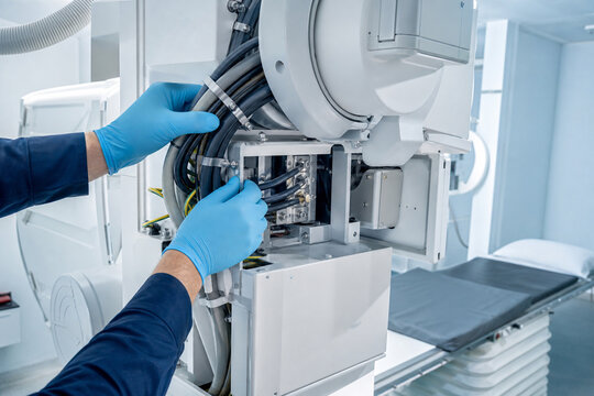 Engineer in blue gloves fixing cable bundle on x-ray tube support column. Cable management and maintenance of digital radiography equipment in hospital. Generative AI.