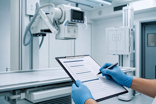 Technician in blue gloves writing on inspection checklist clipboard in front of x-ray machine. Preventive maintenance documentation and quality control. Generative AI.