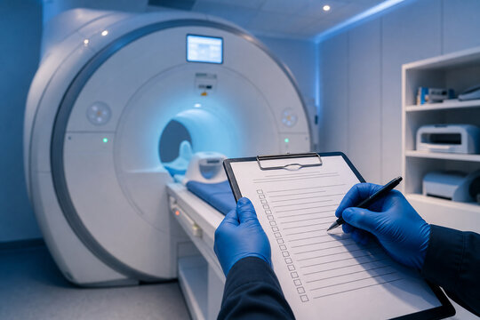 Technician in blue gloves writing on checklist clipboard in front of MRI scanner in blue lit room. Preventive maintenance documentation and quality control. Generative AI.