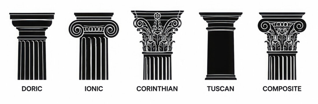 Five classical architectural column orders including Doric, Ionic, Corinthian, Tuscan, and Composite shown as a black silhouette icon set for educational or historical design