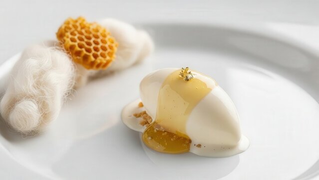 Macro detail of a modern kurt ice cream quenelle with honey gel and edible gold, featuring dried honeycomb and a traditional wool textile on the edge against a soft white background with copy space