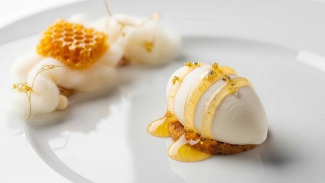 Macro detail of a modern kurt ice cream quenelle with honey gel and edible gold, featuring dried honeycomb and a traditional wool textile on the edge against a soft white background with copy space