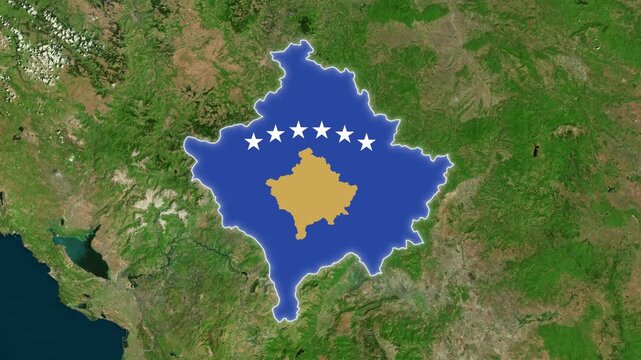 Kosovo Map with National Flag Overlay on Aerial Satellite View